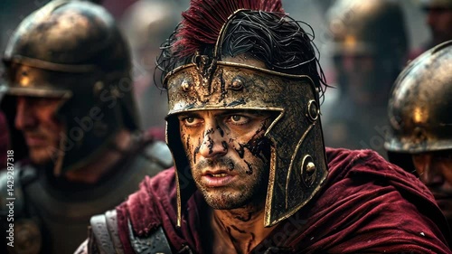 Roman soldiers prepare for battle with determination and bravery in a tense atmosphere, showcasing their armor and fierce expressions as they face the enemy in a historic conflict