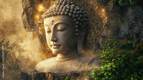 Serene stone buddha bust with golden mandala frame amidst lush vegetation and mystical golden light