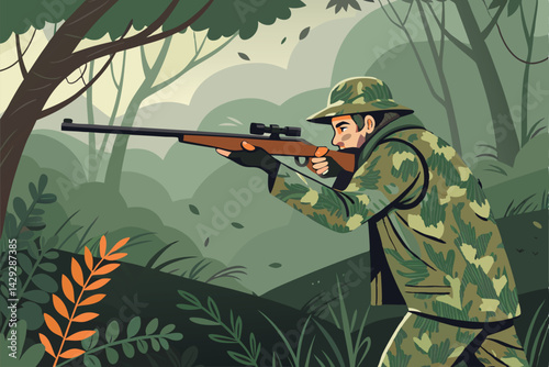 A cartoon hunter, clad in camouflage, meticulously aims a hunting rifle in a forest clearing.  Detailed, vibrant, humorous style.