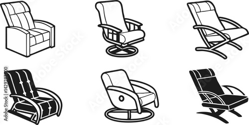 black and white illustration of a modern recliner chair.