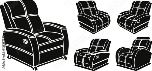black and white illustration of a modern recliner chair.
