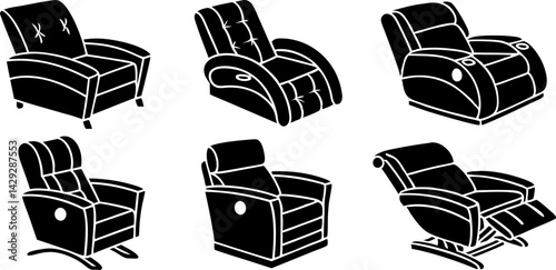 black and white illustration of a modern recliner chair.
