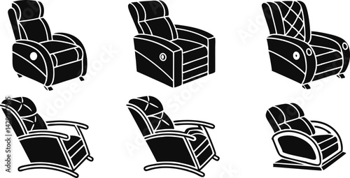 black and white illustration of a modern recliner chair.