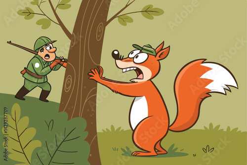 A cartoon squirrel, exaggeratedly large and mischievous, taunts a frustrated hunter from a tall tree.  The scene is comical and vibrant.