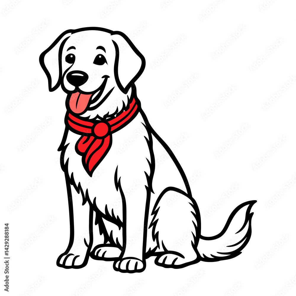 Fototapeta premium Golden Retriever Vector – Line Art Dog with Red Bandana in Flat Design, Golden Retriever Vector, Dog with Bandana Art, Flat Design Pet Illustration 