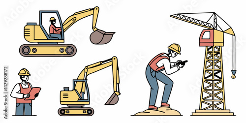 Construction site. bulldozer, lifter crane vehicle, road roller. Vector illustration in flat tyle.