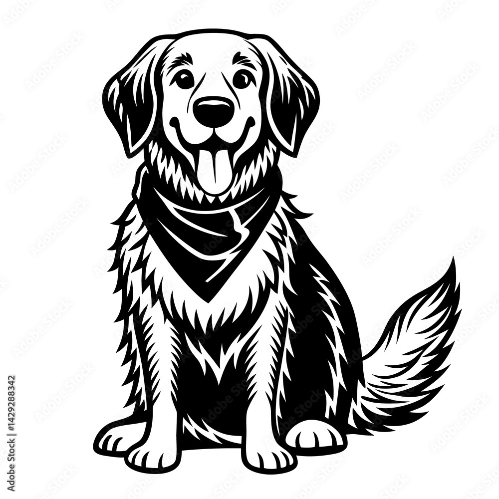Fototapeta premium Happy Golden Retriever Silhouette Vector with Red Bandana – Flat Style Design, Golden Retriever Silhouette, Dog Vector Illustration, Pet Logo Art 