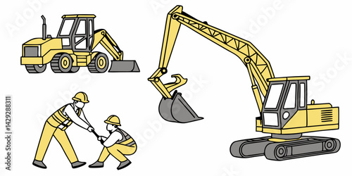 Construction site. bulldozer, lifter crane vehicle, road roller. Vector illustration in flat tyle.