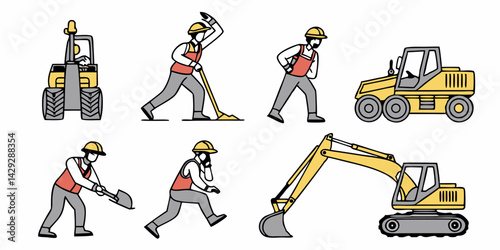 Construction site. bulldozer, lifter crane vehicle, road roller. Vector illustration in flat tyle.