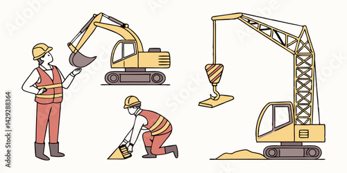 Construction site. bulldozer, lifter crane vehicle, road roller. Vector illustration in flat tyle.
