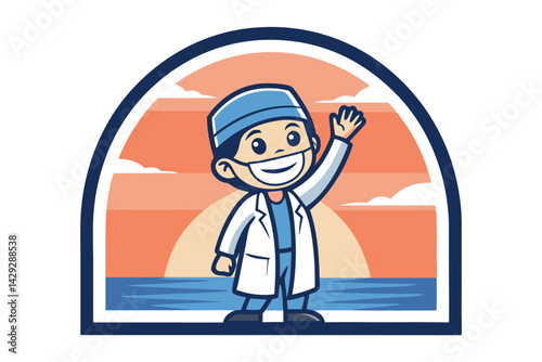 Design a cute chibi dentist character waving cheerfully from within a circular clinic logo frame.  Include dental tools subtly.