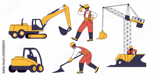 Construction site. bulldozer, lifter crane vehicle, road roller. Vector illustration in flat tyle.