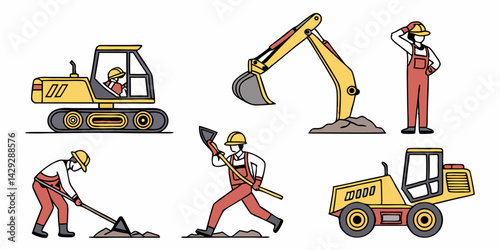 Construction site. bulldozer, lifter crane vehicle, road roller. Vector illustration in flat tyle.