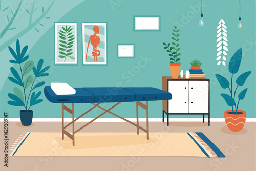 Serene chiropractic clinic interior; comfortable waiting area with a relaxing table, showcasing a peaceful and welcoming atmosphere for patient care.
