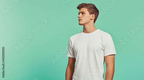 Stock photo of man in white t shirt looking away against green background