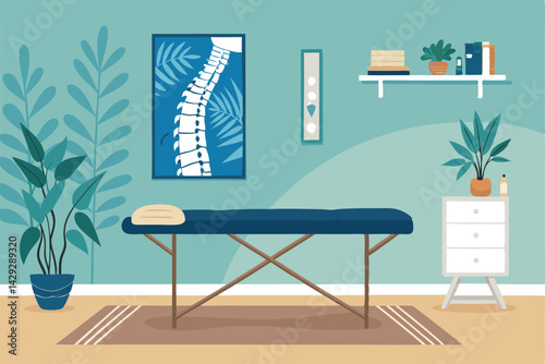 Serene chiropractic clinic interior  Relaxing waiting area with comfortable furniture,  a wooden table, natural light, and calming decor.