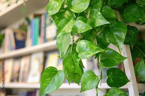A vibrant Golden Pothos plant cascades down a white ladder, adding life and greenery to a blurred bookshelf background.