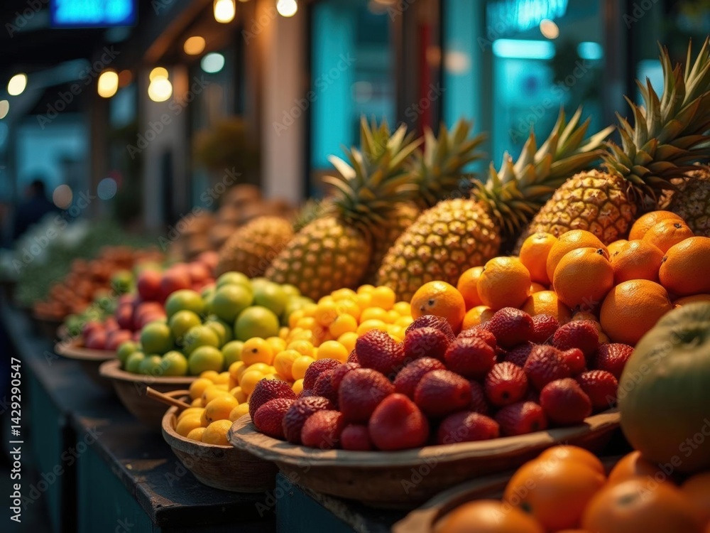 A colorful array of fresh fruits at a night market, including pineapples, oranges, strawberries, plums and other assorted fruits. The warm lighting enhances the visual appeal of the scene. A colorful array of fresh fruits at a night market, including pineapples, oranges, strawberries, plums and other assorted fruits. The warm lighting enhances the visual appeal of the scene.