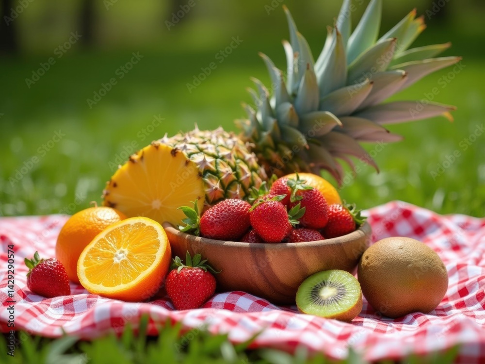 A vibrant picnic scene featuring fresh strawberries kiwi pineapple and oranges arranged on a red and white checkered blanket outdoors a perfect summer day setting A vibrant picnic scene featuring fresh strawberries kiwi pineapple and oranges arranged on a red and white checkered blanket outdoors a perfect summer day setting