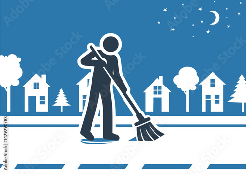 Janitor sweeps the street on moonlit night