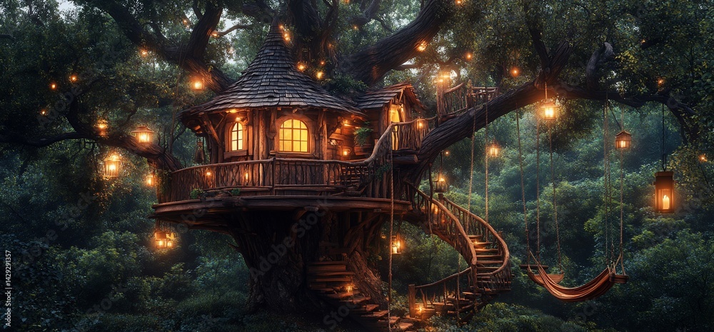 Enchanting treehouse hideaway illuminated by twinkling lanterns nestled in a lush forest Enchanting treehouse hideaway illuminated by twinkling lanterns nestled in a lush forest