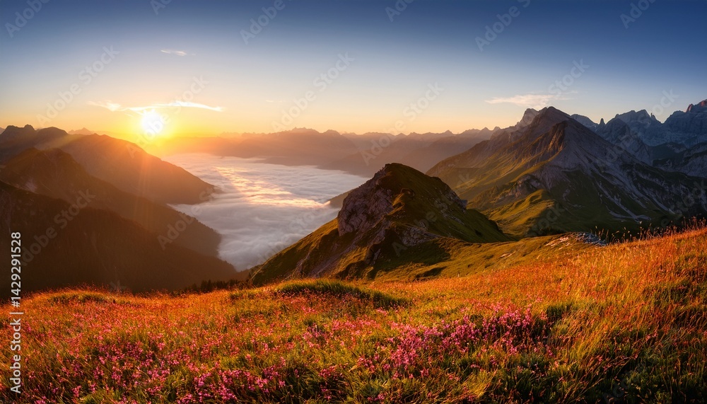 Obraz premium beautiful sunrise in the mountains bright fresh morning in the alps