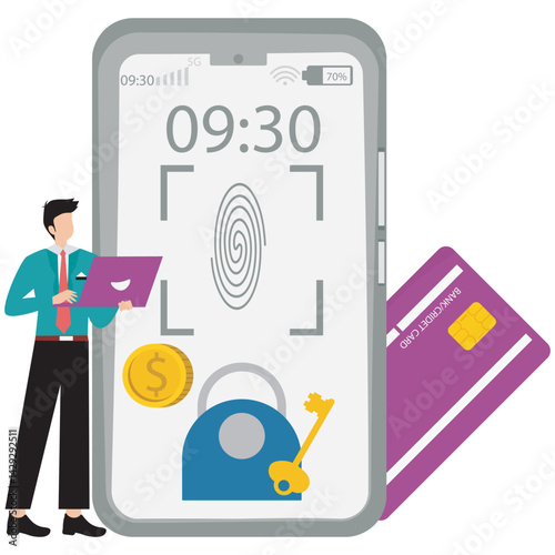 Flat illustration of hand using biometric authentication with fingerprint scanner shield and padlock stock illustration