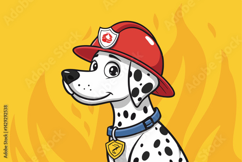 Create a cartoon illustration of a brave Dalmatian fire dog mascot, wearing a firefighter helmet and a shiny badge, ready for action.