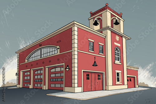 A majestic fire station building, featuring large, imposing garage doors, and a prominent, iconic firetruck (1) parked inside.