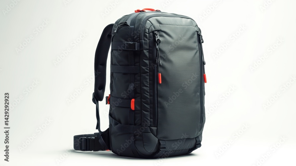 Naklejka premium Sporty and compact travel backpack with breathable back panel, reflective details, and adjustable straps, isolate on white background
