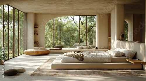 Sunlit Minimalist Bedroom with Forest View through Arched Window