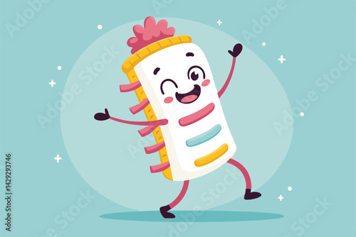 A cheerful, smiling spine character, anthropomorphic and cartoonish, performs a gentle stretching exercise, radiating happiness and well-being.  Sol (1) indicates the first image in a series.