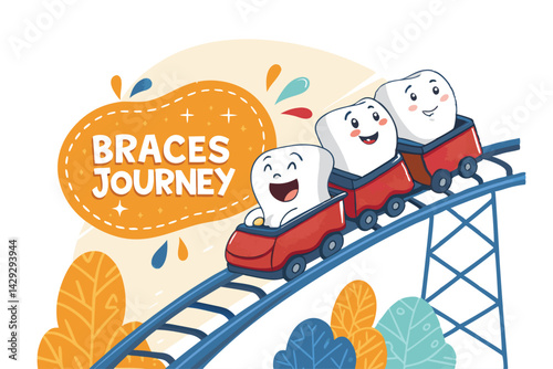 Illustration of cheerful cartoon teeth on a roller coaster labeled "bra," conveying joy and excitement about orthodontic treatment.