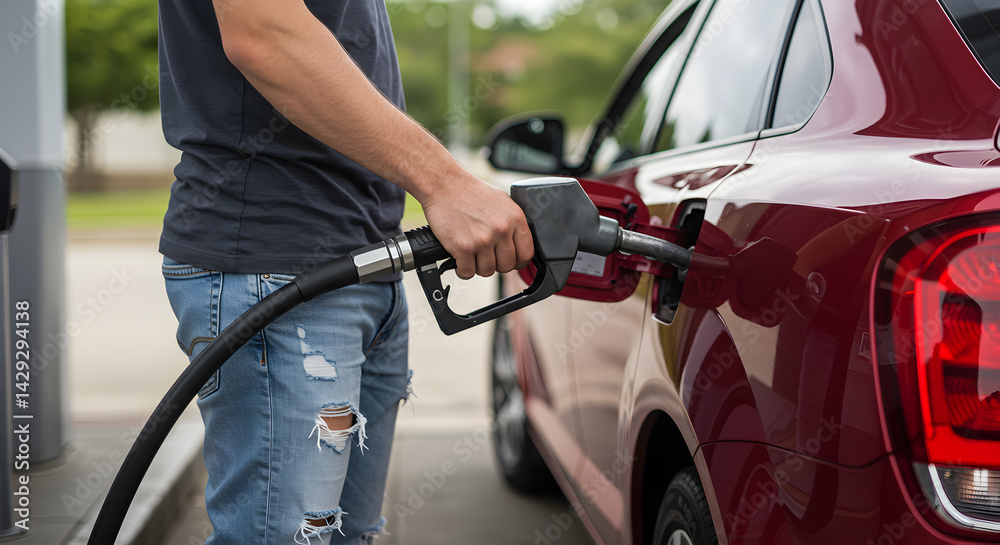 Man Refueling Red Car at Gas Station Under Bright Daylight with Fuel Pump and Ripped Jeans Man Refueling Red Car at Gas Station Under Bright Daylight with Fuel Pump and Ripped Jeans