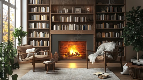 Cozy wood-paneled library with fireplace and reading chairs.