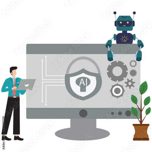 Flat illustration of man using ai for cybersecurity artificial intelligence in security and automating defenses stock illustration
