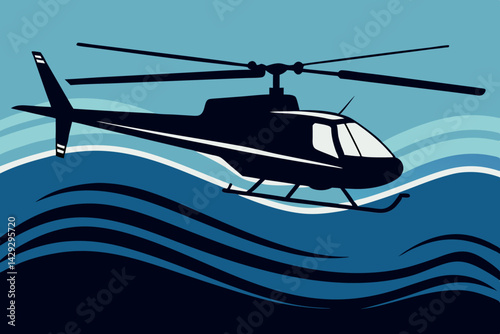 A helicopter hovering over ocean waves, minimalist aviation art with a single rotor and smooth sea lines