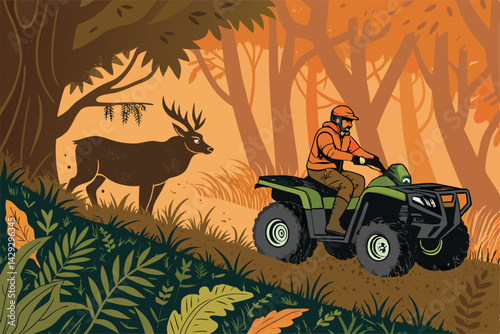 A hunter on an ATV rides through thick brush, a deer's shadow cast on the ground.  Dramatic lighting emphasizes the action.