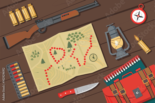 A hunter's rustic table meticulously arranged with a detailed map, spent bullet casings, a hunting knife, and other hunting paraphernalia.