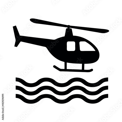 Minimalistic black helicopter with waves underneath, symbolizing aerial and water travel, transportation, and aviation technology
