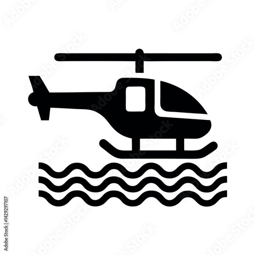 A stark, minimalist silhouette of a single rotor helicopter hovering over waves, showcasing aviation and water transport in black and white