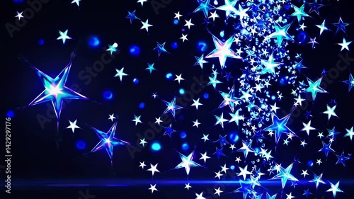 A background featuring blue glitter particles, shining neon stars falling downwards, and a light flare or glare overlay effect is suitable for luxury premium product design or award template
