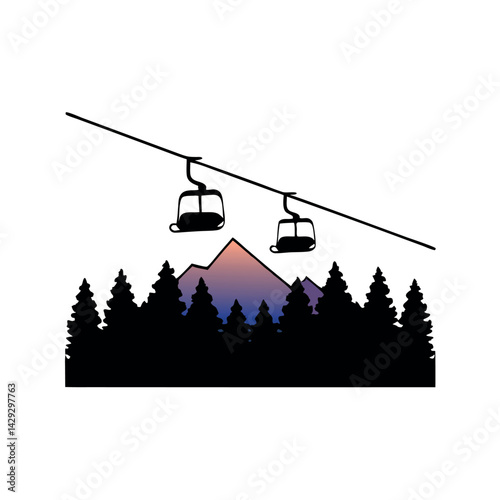 silhouette of a chairlift ascending over a forested mountain range, with a vibrant gradient sunset sky in the background, conveying adventure and nature
