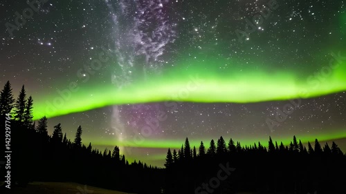Northern lights dancing over the forest