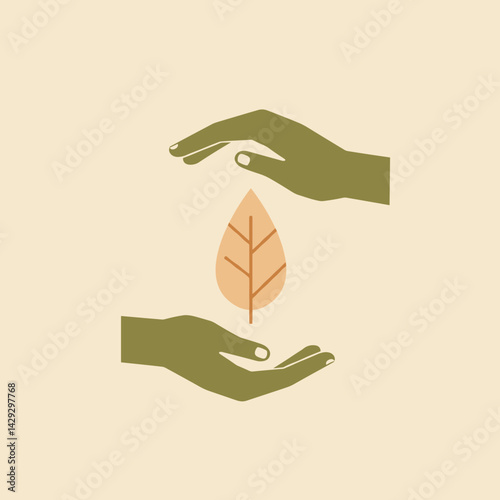 Hands cradling a leaf in minimalist design on beige background for care and environmental protection concept
