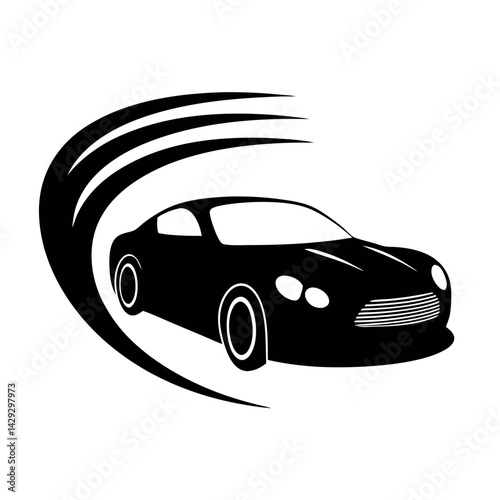 car speeding around a curve, symbolizing motion, speed, and luxury automotive in a bold, minimalist design
