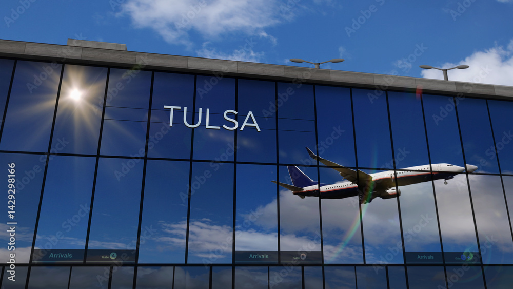 Airplane landing at Tulsa Oklahoma, USA, airport mirrored in terminal
