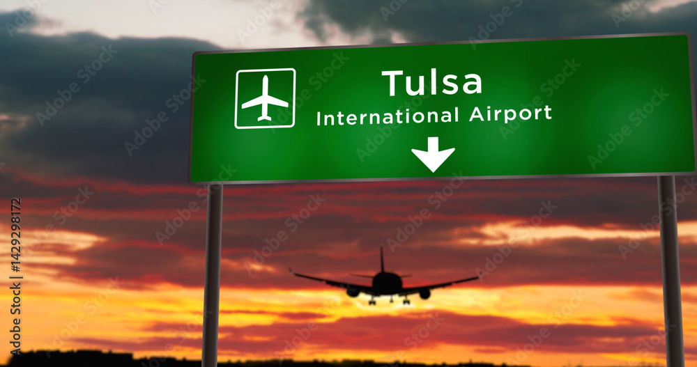 Plane landing in Tulsa Oklahoma, USA, airport with signboard