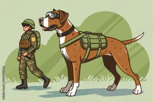 A military working dog, wearing a protective vest and goggles, stands attentively beside its handler.  High-quality image showing bond and readiness.