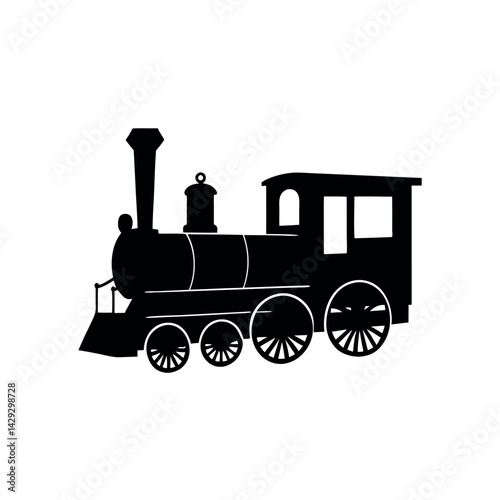 A classic vintage steam train design, depicted in a bold silhouette with intricate details, representing the golden era of railroad travel